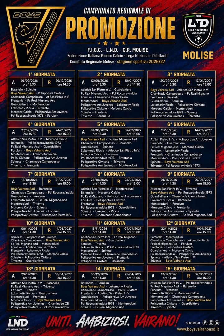 Il calendario 2026/2027 della Boys Vairano è ufficiale